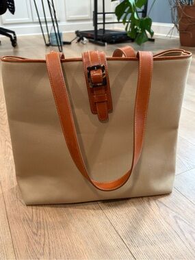 Lauren Ralph Lauren Canvas Tote Bag Tan Brown Leather Trim Preppy Work Bag